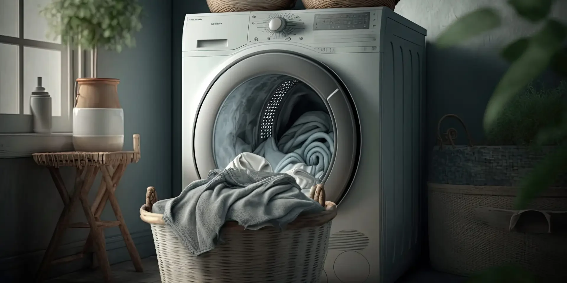 laundry room with a washing machine and a basket full of clothes. Ai generative